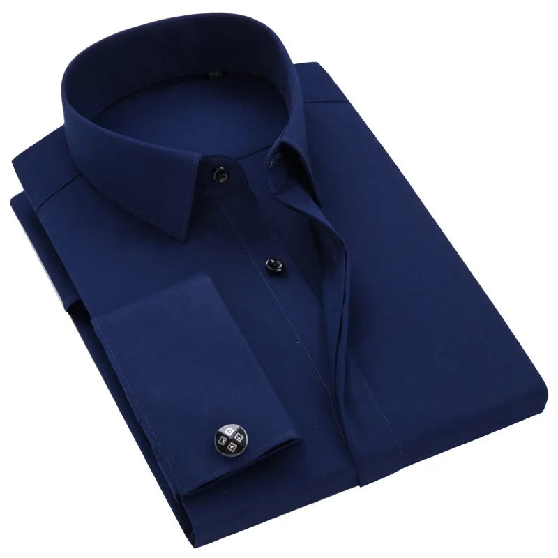 French Cufflink Men's Long Sleeve Bamboo Fiber Covered Button Shirt Slim Fit  Wedding Dress Sleeve Spikes Business Dress  Shirt