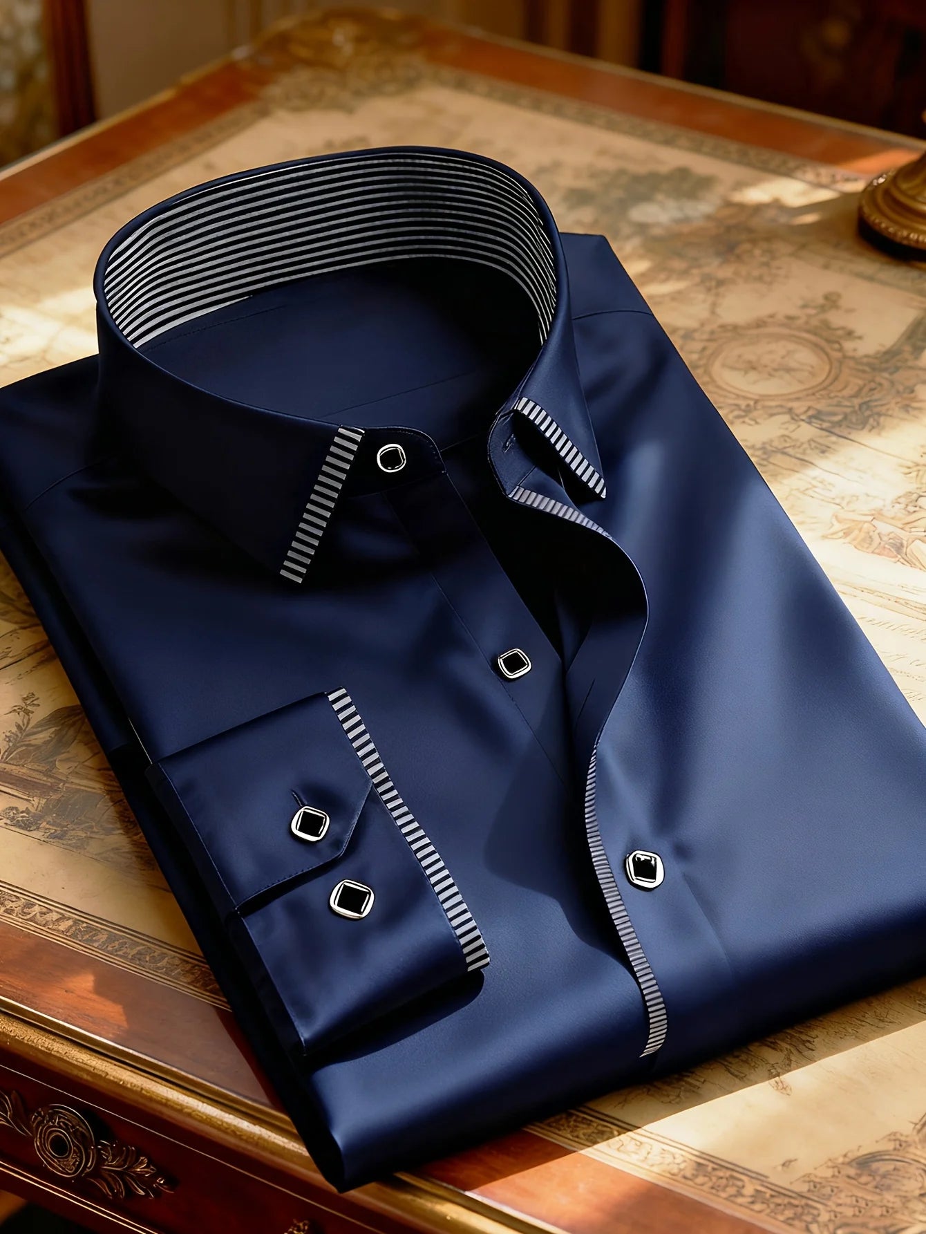 Men's patchwork shirt by Showlu Fashion Store featuring long sleeves, micro elastic fabric, suitable for casual and formal wear.