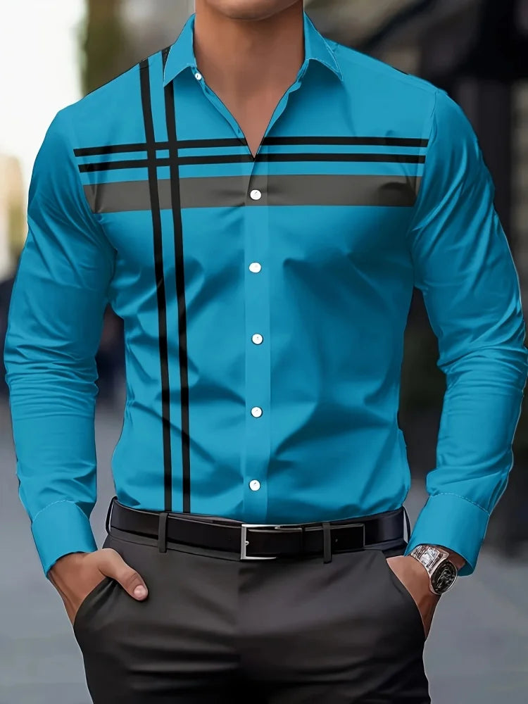 Men's checked long-sleeved casual button-up shirt from Showlu Fashion featuring a high-end striped design and fitted style.