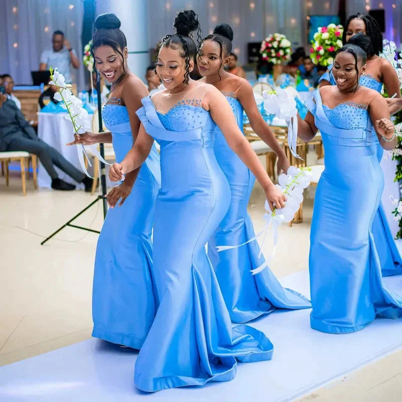 Pearl beaded mermaid bridesmaid dress with sheer neck and tulle fabric by SHOWLU FASHION STORE, elegant and stylish evening gown