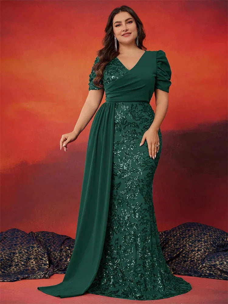 BluePlum Women's V-Neck Sequin Mermaid Evening Dress in plus size, featuring a shimmering sequin design and elegant silhouette.