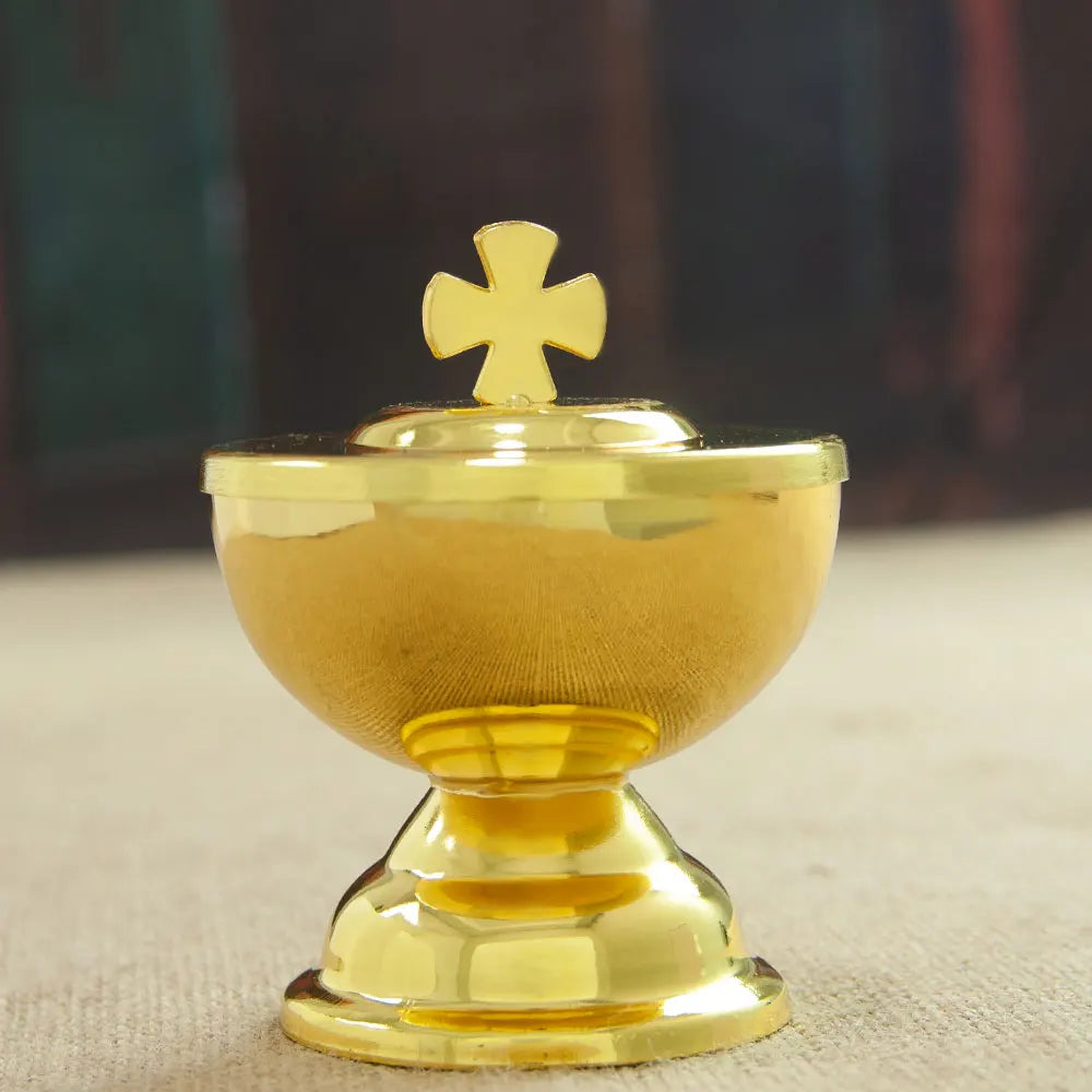 Showlu Golden Zinc Alloy Communion Cup with Spoon for church mass, featuring a shiny gold finish and elegant design.
