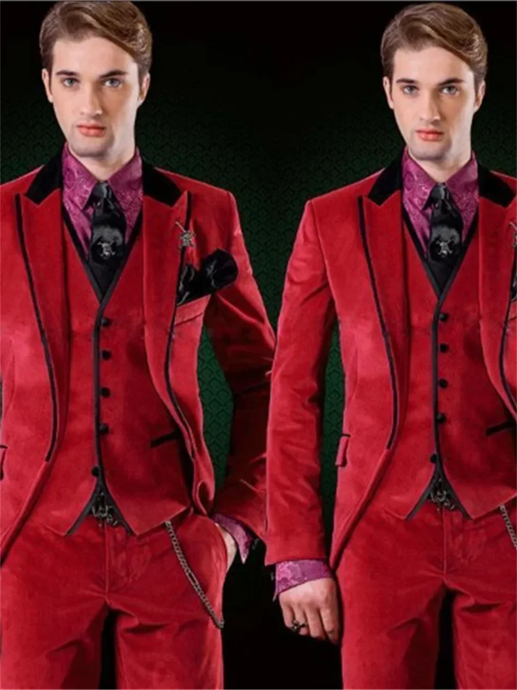 SHOWLU men's red velvet 3-piece suit with slim fit tuxedo jacket, vest, and pants, tailored for a stylish formal look.