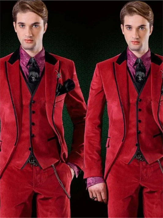 3 Pieces Men's Red Velvet Suit Tuxedos Single Breasted Jacket Vest Pants Wedding Prom Banquet Busienss Tuxedos