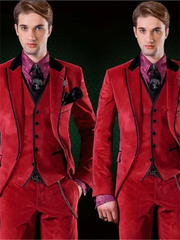 3 Pieces Men's Red Velvet Suit Tuxedos Single Breasted Jacket Vest Pants Wedding Prom Banquet Busienss Tuxedos