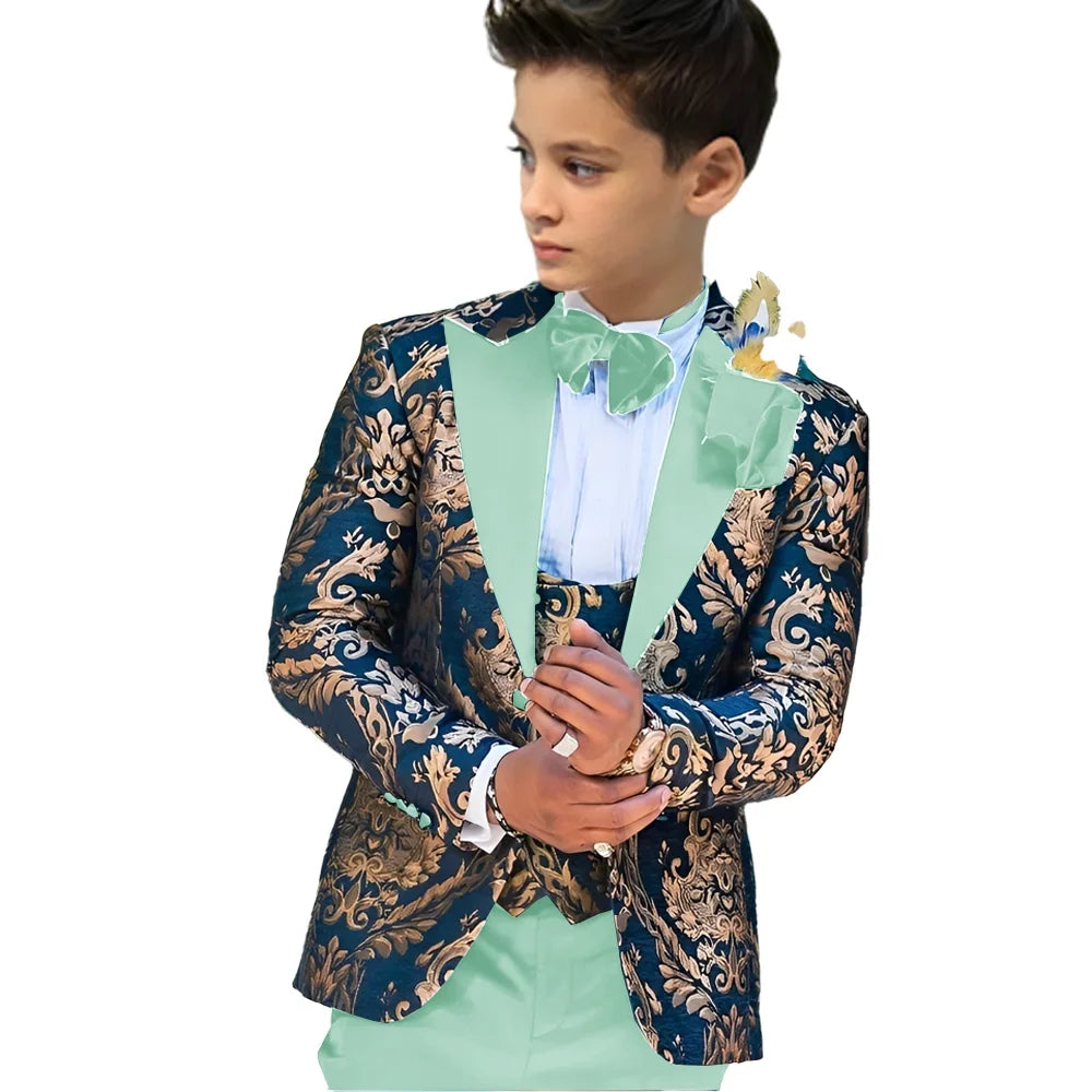 Kids floral boy wedding suit set featuring a tuxedo top, vest, and pants for ages 2-16, by Showlu Fashion Store.