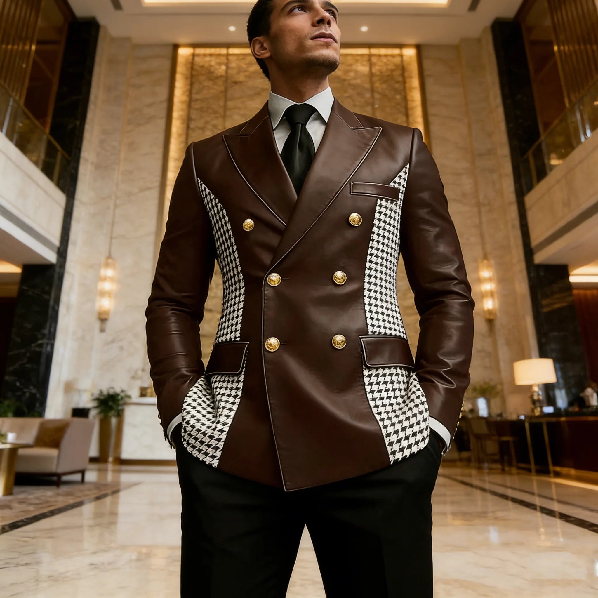 Men’s vintage brown leather blazer with houndstooth side panels, double-breasted style, gold buttons, slim fit, leather tuxedo jacket.