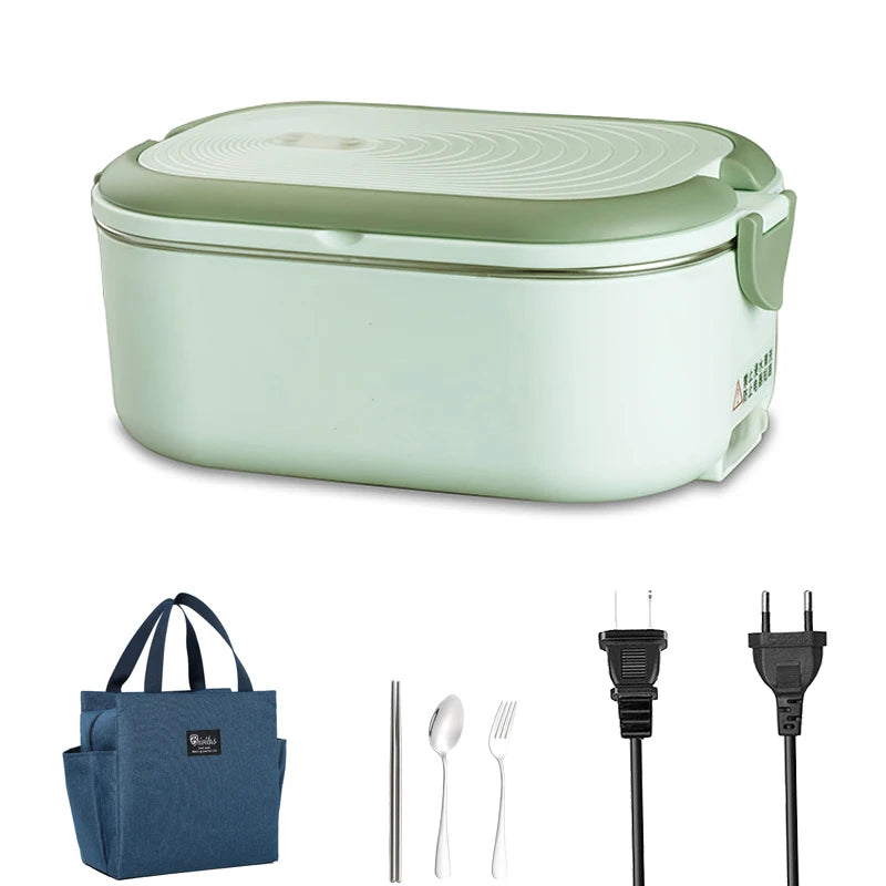 Portable electric lunch box with stainless steel compartments, 220V/110V EU US plug, includes bag and tableware for office use