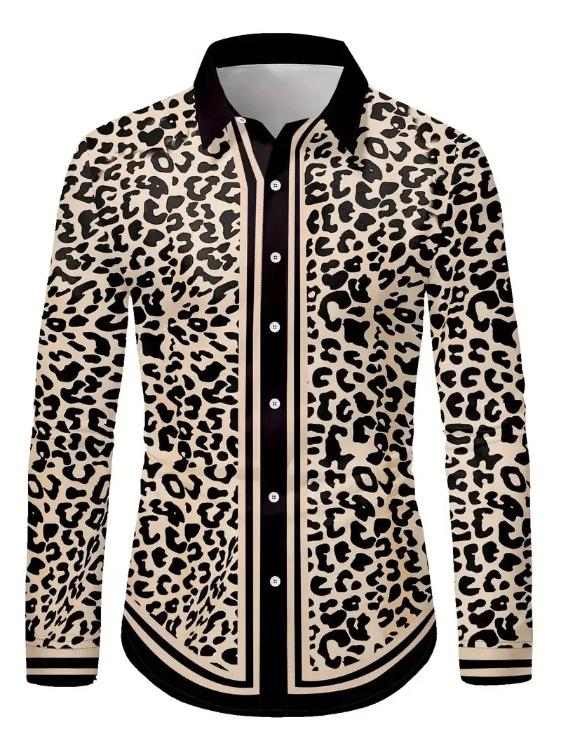 Men's leopard print button-up shirt by Showlu Fashion featuring long sleeves and baroque chain design, perfect for casual or party wear.