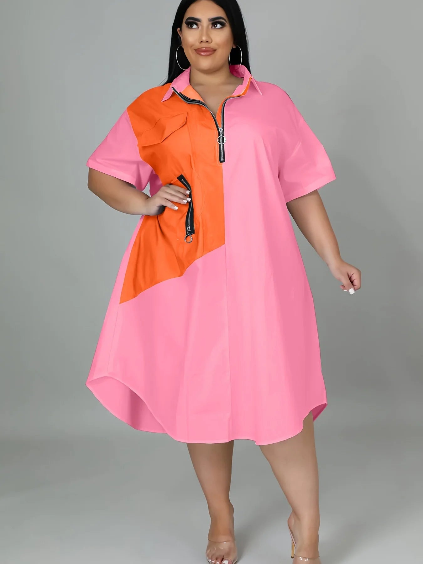 Plus size loose zipper shirt dress by Showlu Fashion with 3D print, casual style, and relaxed fit in a vibrant design.