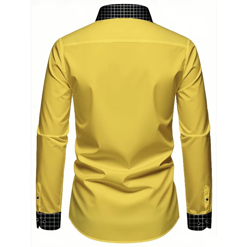 Showlu Smart General men's long sleeve patchwork tuxedo shirt with high street style, elastic fit, and smart casual design.