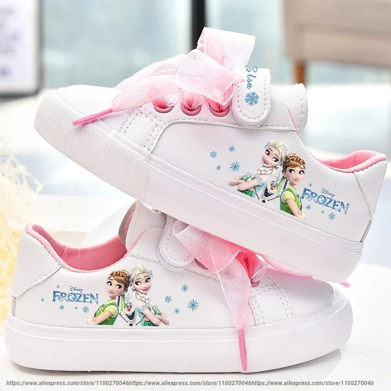 Disney Girls Frozen Princess White PU Leather Bow White Casual Shoes Non-slip Soft Bottom Sports Casual Shoes For Girl Size 23-3 SHOWLU FASHION STORE