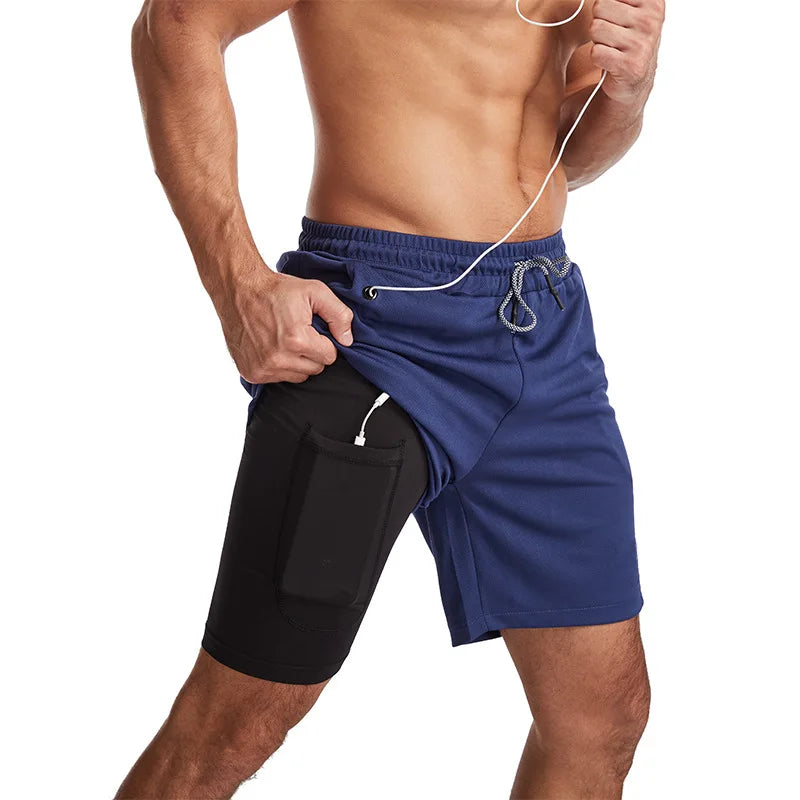Men's camo running shorts by Showlu Fashion Store, 2-in-1 quick-dry gym sports shorts for workout, training, and jogging.