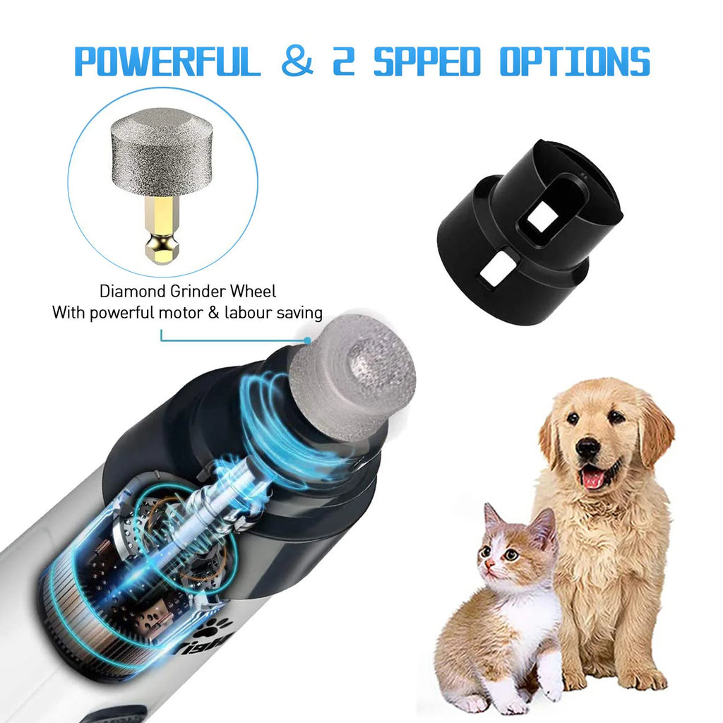 Rechargeable electric dog and cat nail grinder with USB charging, grooming trimmer tool for pet nails and paw grooming.