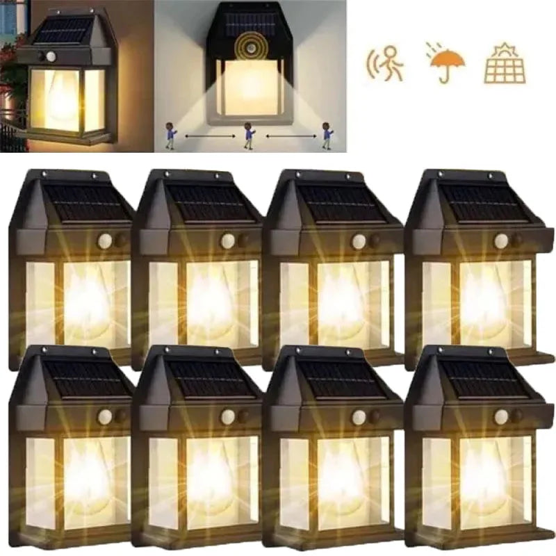 Showlu Smart General solar outdoor wall light with motion sensor, black fixture illuminating exterior wall in night setting