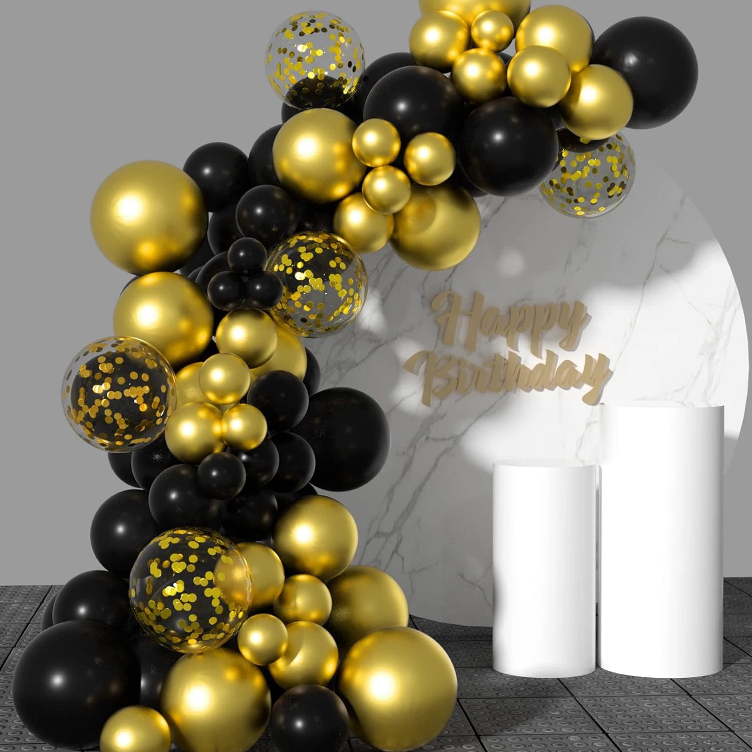 Set of 30 black and gold mixed balloons including 12-inch gold glitter balloons for birthday, graduation, and New Year's celebrations.