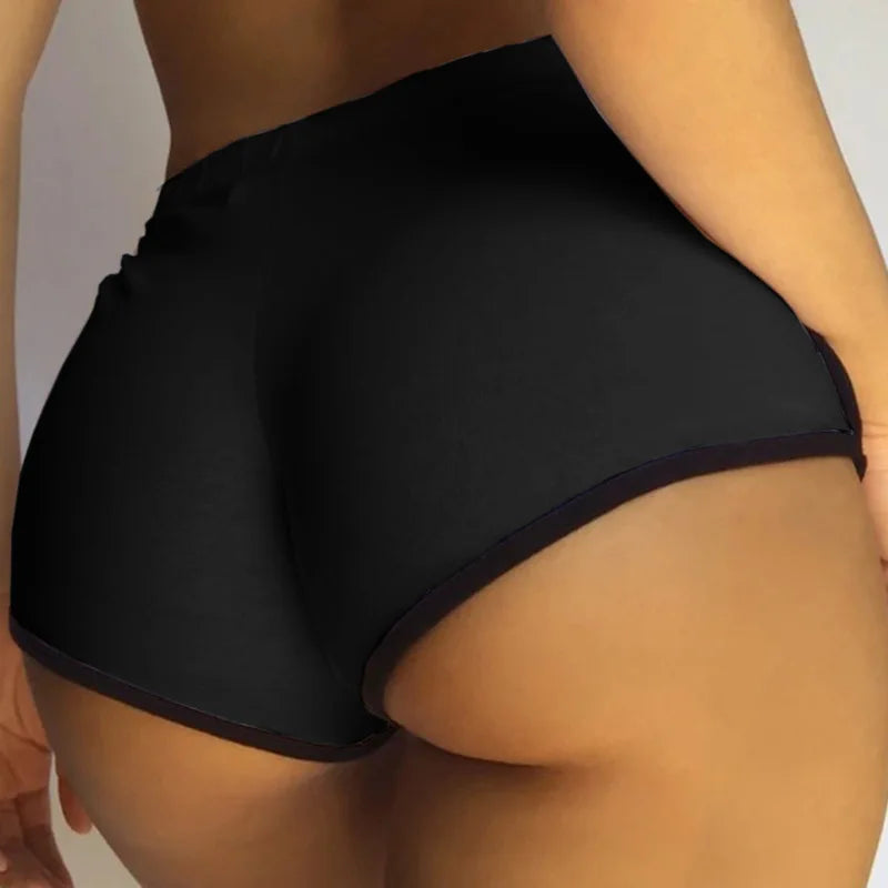 SHOWLU Women's Y2K High Waist Gym Shorts in solid black, slim fit sportswear with a high-rise design and athletic stretch fabric.