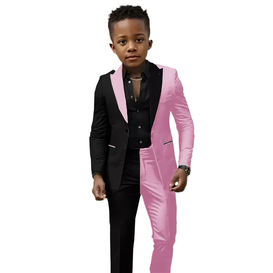 Black and white spliced boys wedding suit set with slim fit jacket and pants, perfect for Easter, prom, or birthday celebrations.