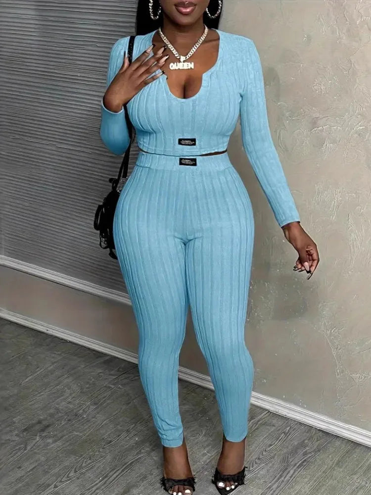 Women’s autumn winter 2-piece matching outfit set with top and pants, stylish and comfortable clothing by Showlu Fashion.