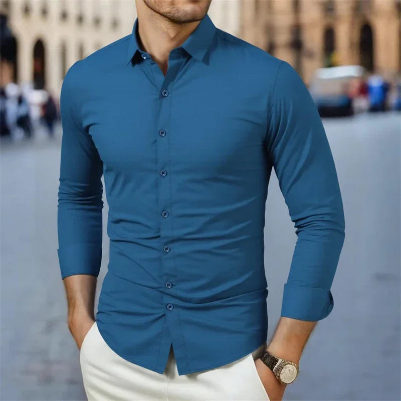 Men's business casual long sleeve solid color shirt by Showlu Fashion, wrinkle-resistant, comfortable, versatile all-season top.