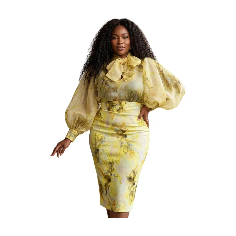 Women Plus Size Long Sleeve Printed Top And Bodycon Midi Skirt Outfit For Brunch Date Wedding Guest Daily Elegant Occasion