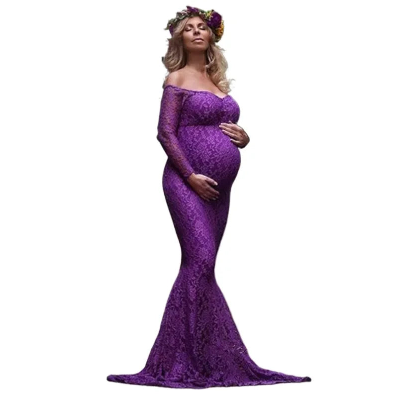 Showlu Fashion lace maternity mermaid maxi dress for photography, elegant and form-fitting maternity gown with intricate lace details.