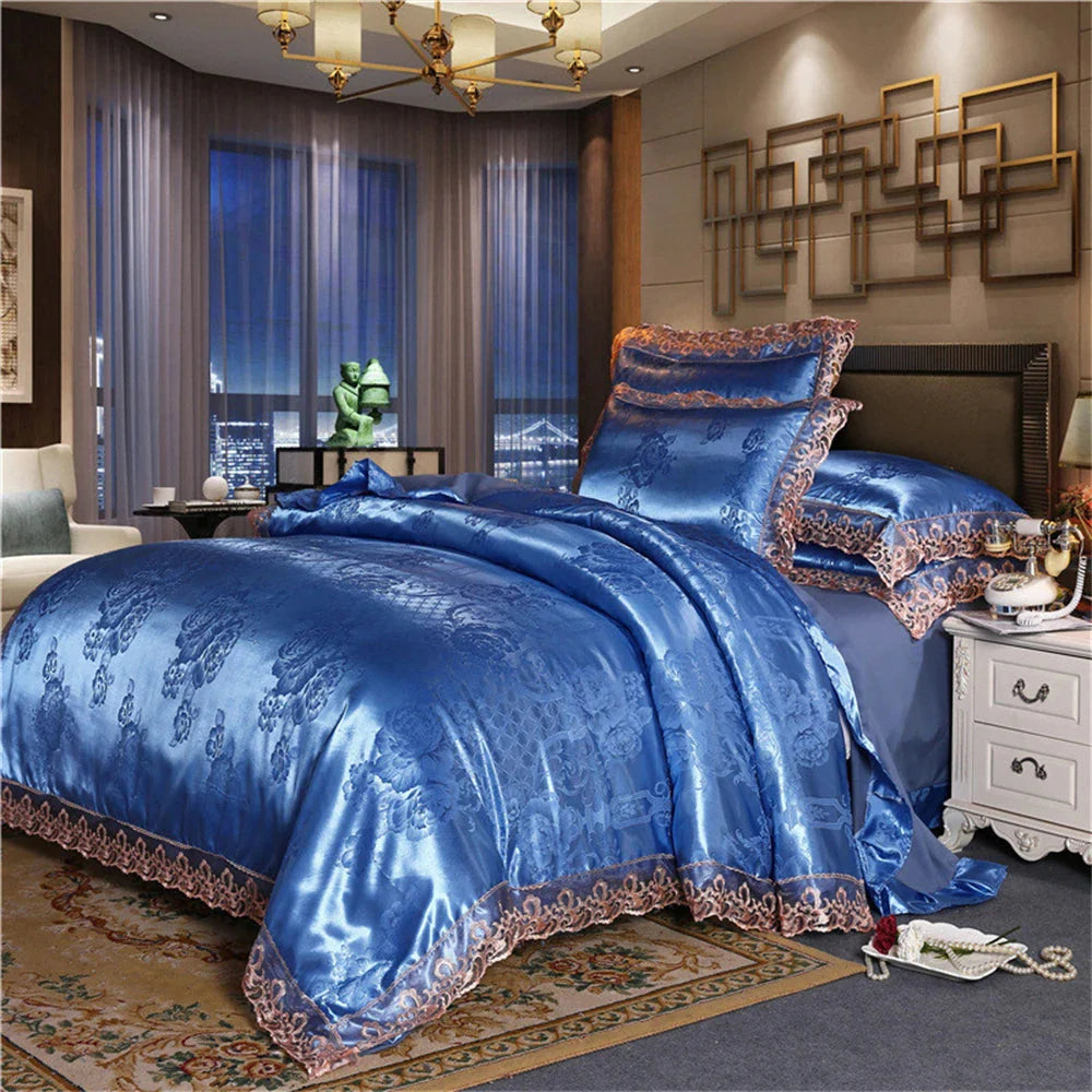 Nordic satin jacquard duvet cover set with floral pattern, luxurious bedding from SHOWLU FASHION STORE, soft and elegant bedroom decor