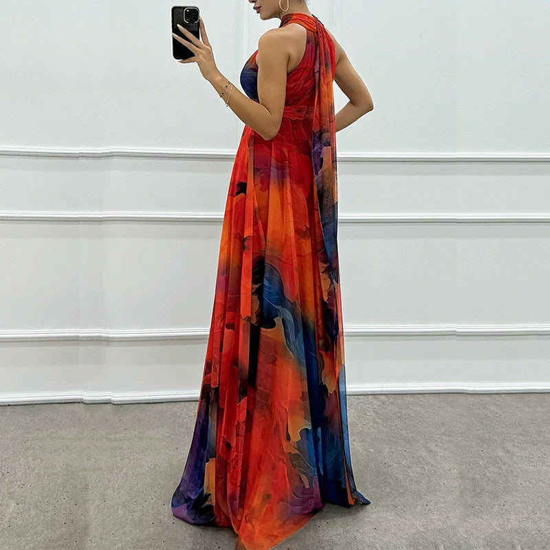 Vintage print halter maxi dress for women by SHOWLU FASHION STORE, featuring bohemian style, perfect for parties.