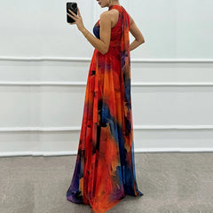 Vintage Pattern Printed Sleeveless Party Dress Casual High Waist Bohemian Dresses New Sexy Halter Hollow Out Women's Long Dress