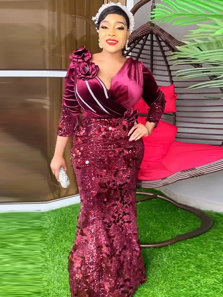African Mermaid evening gown by SHOWLU FASHION with v-neck, sequined bodycon design, ideal for wedding and party occasions.