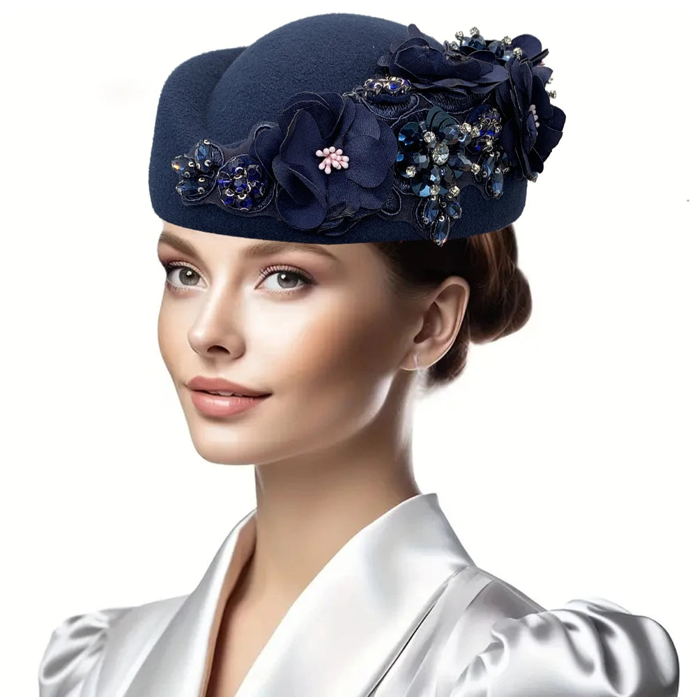 Women Air Stewardess Hat Rhinestone Flower Church Derby Beret Hats for Party Wool Felt Pillbox Costume Cosplay Caps Accessores