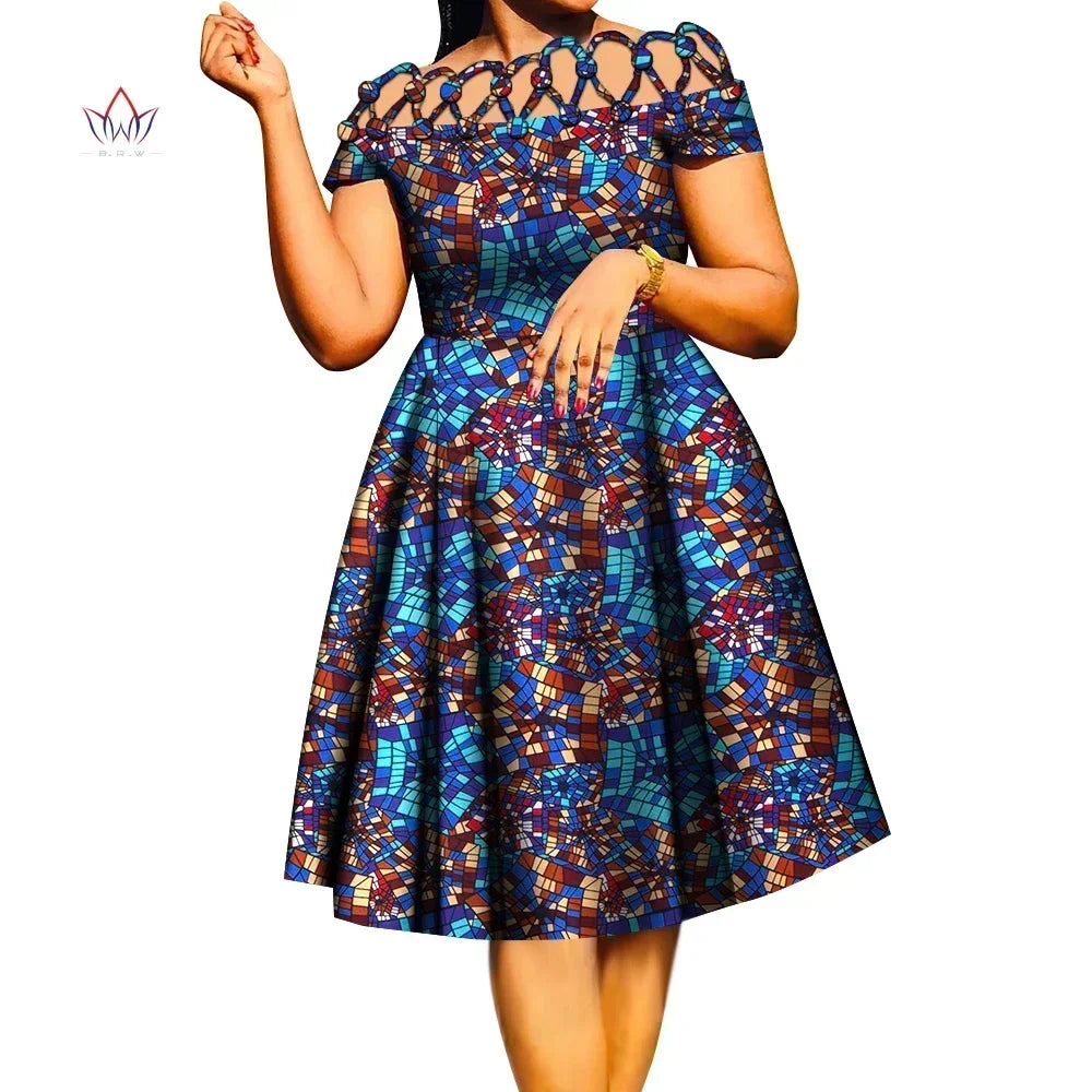 BintaRealWax African Dresses for Women Cotton Rope Weaving Collar African Print Wax Clothing Knee-Length Lady Dress WY335