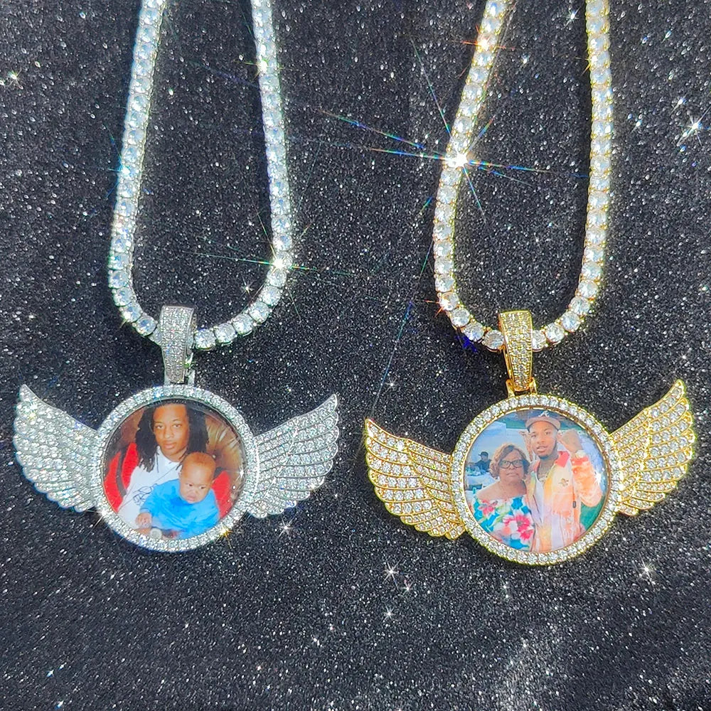 Personalized angel wing round pendant necklace with custom photo charm on tennis chain, suitable for men and women.