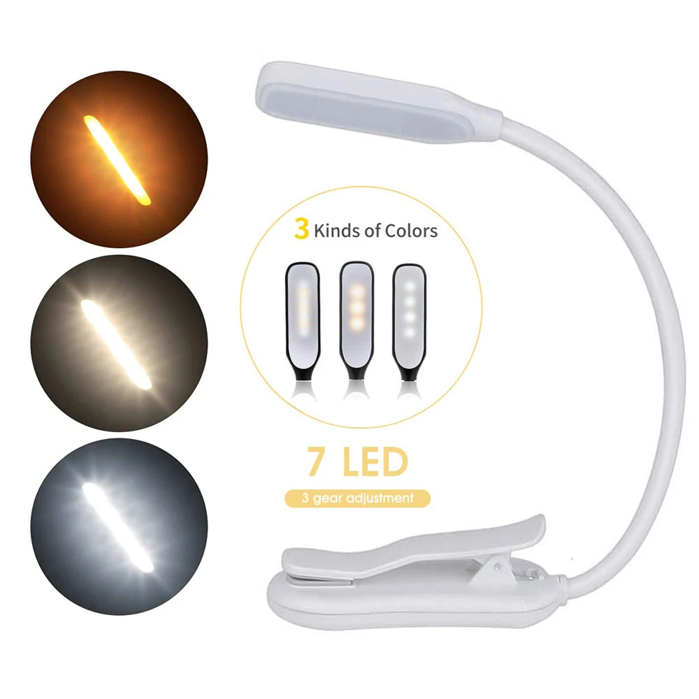 Showlu Smart General Claeted rechargeable clip reading light attached to a book for hands-free reading in low light.