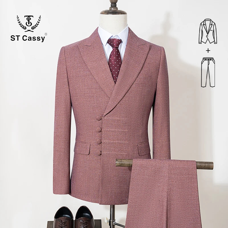 Men's black double-breasted slim fit suit by Showlu Fashion Store, featuring a stylish two-piece wedding set with tailored fit.