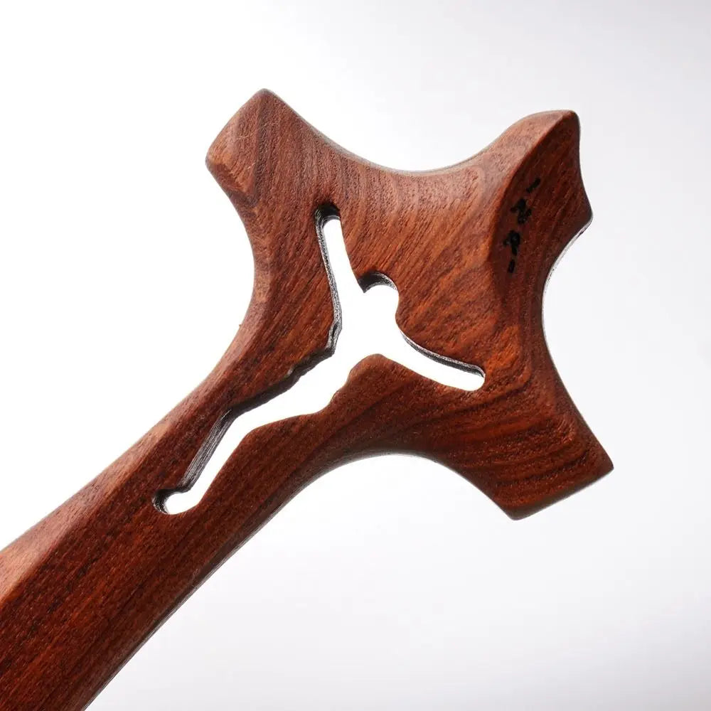 Wooden hollow cross sculpture by Showlu Fashion Store, standing vintage crucifix with base, perfect as religious desktop ornament.