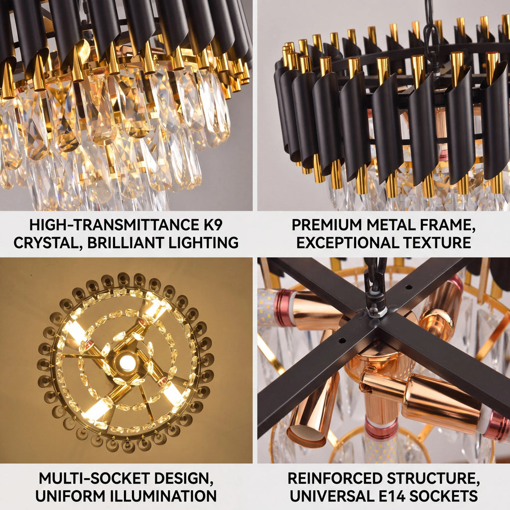 Modern black and gold crystal chandelier by Showlu Fashion Store, featuring LED ceiling light and intricate crystal details.
