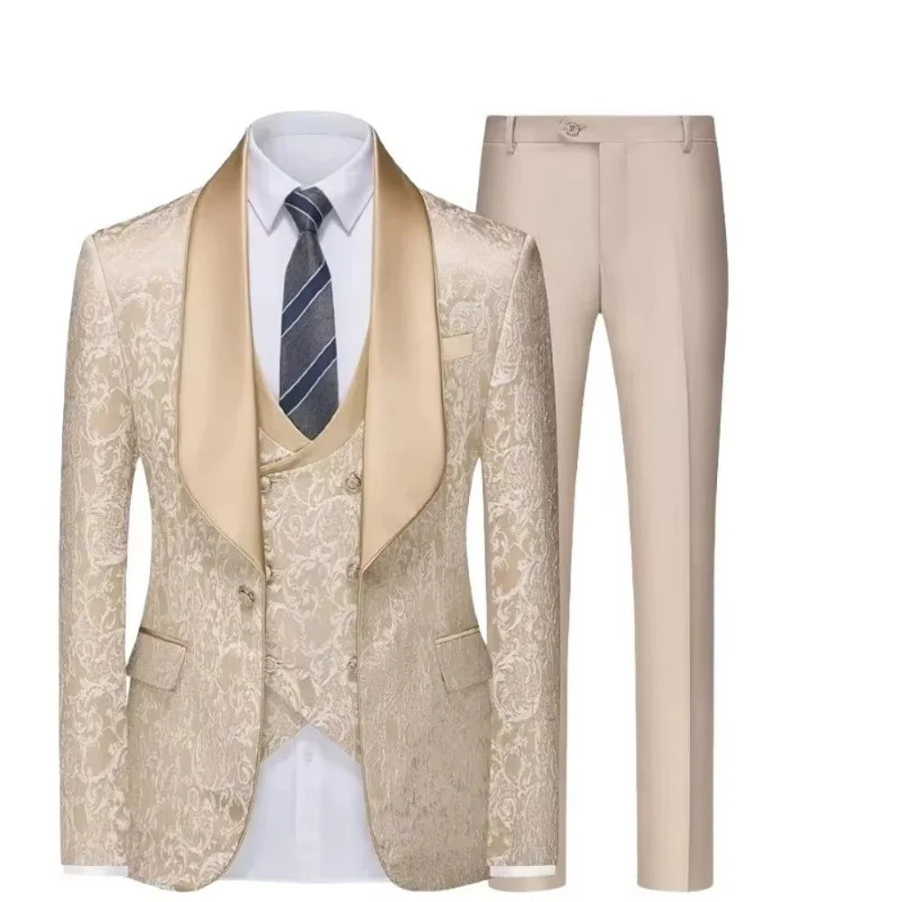 Elegant men's formal smoking suit by Showlu Fashion with champagne jacquard finish, includes blazer, trousers, and vest for weddings.