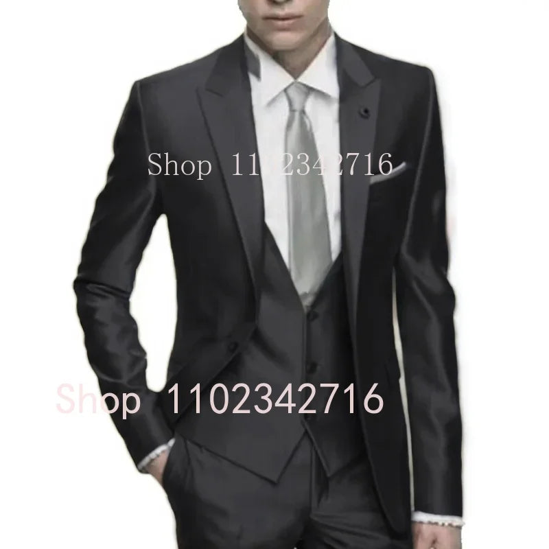 Showlu Silver Grey Satin men's 3-piece slim fit formal wedding tuxedo with jacket, vest, and trousers, tailored for a sophisticated look.