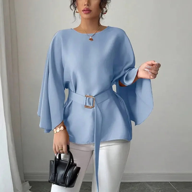 Women's loose half sleeve blouse with belt, solid casual top by ILUKiss, shown in a relaxed fit with a stylish design.