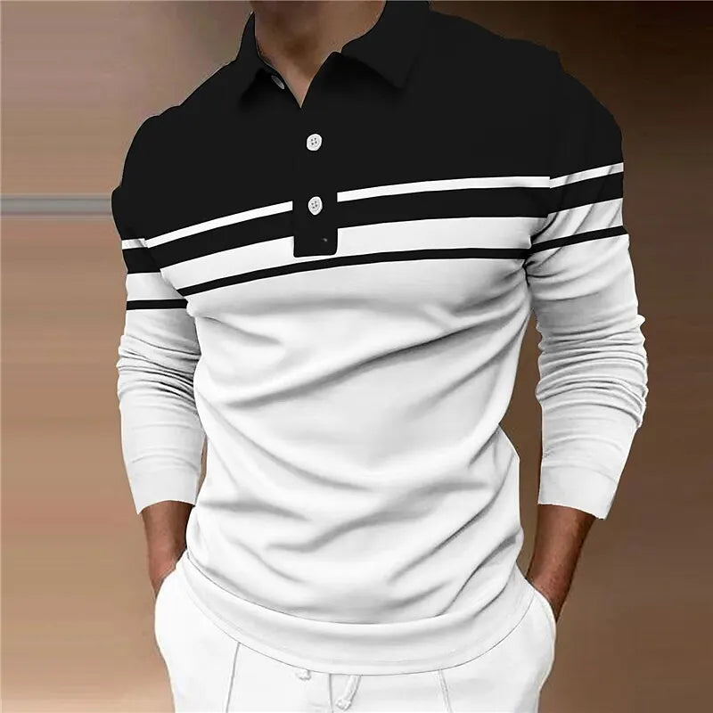 Men's striped rugby polo shirt with long sleeves, button front, casual and outdoor wear, suitable for spring, autumn, and winter.