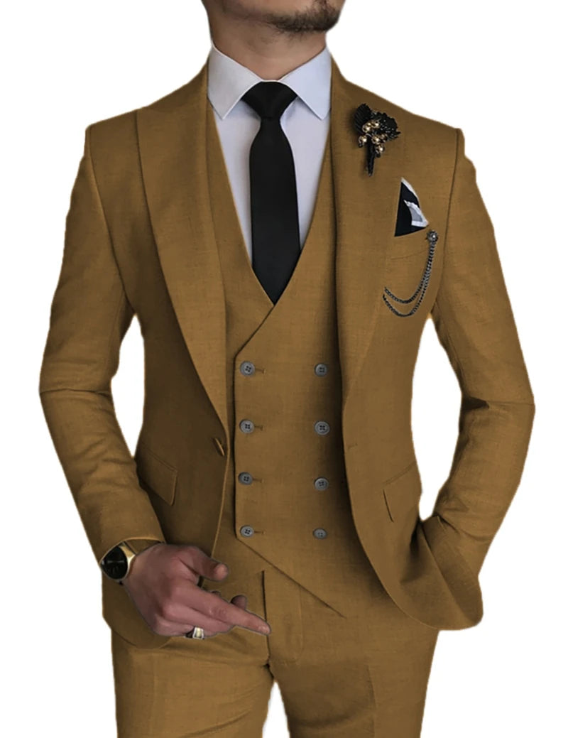 Beige men's formal suit with peak lapel blazer, double-breasted vest, and matching pants, designed for wedding or special occasions.