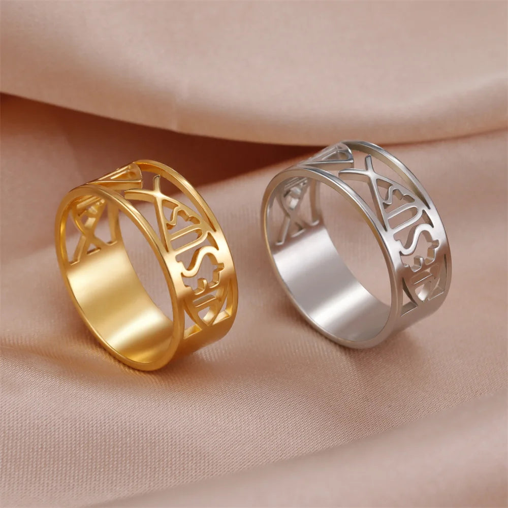 Stainless steel My Shape Jesus Fish ring with Christian religious design, featuring a detailed fish symbol jewelry.