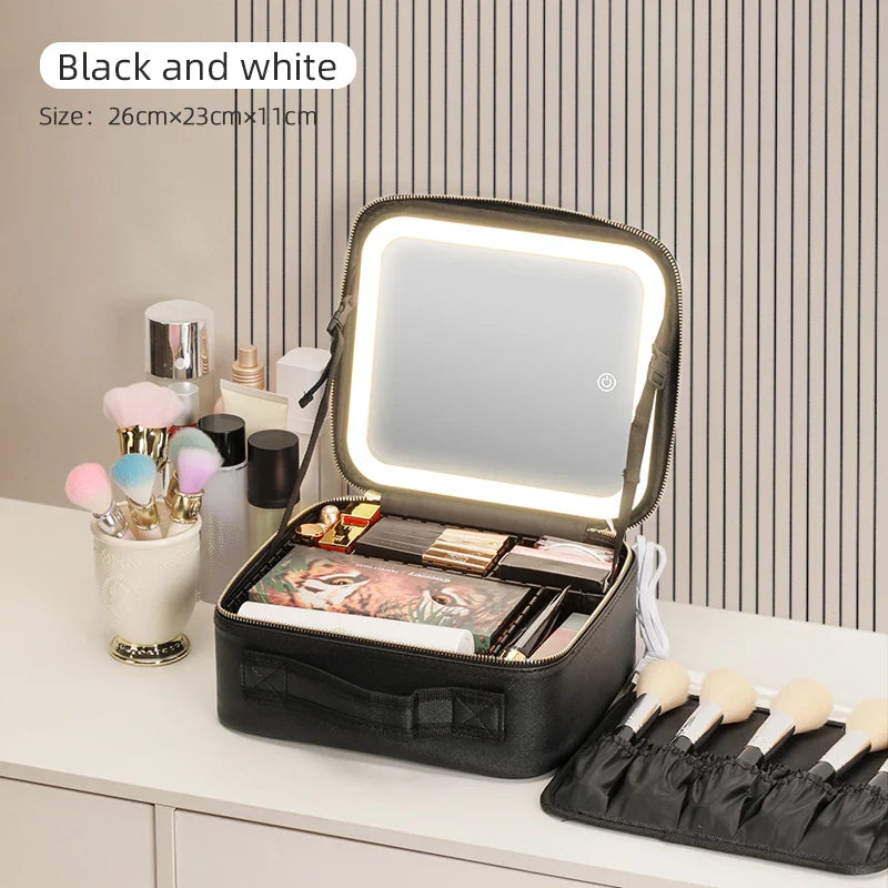 Showlu Makeup Travel Train Case with LED Mirror, PU leather cosmetic bag perfect for organizing beauty essentials on the go.