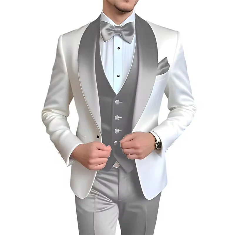 Men's 3-piece blue and white designer tuxedo suit by Showlu Fashion for weddings, parties, and formal events, elegant and stylish.