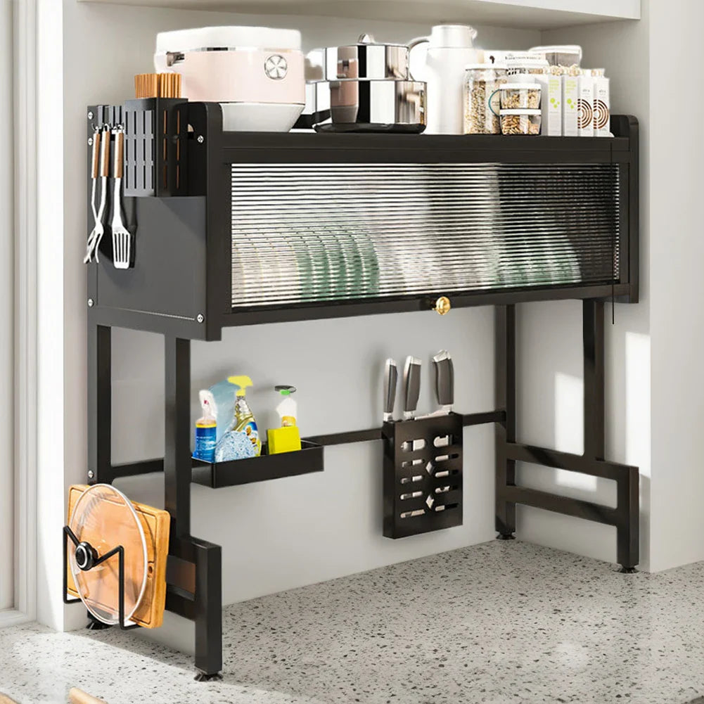Showlu 3-tier steel over-the-sink dish drying rack with cover and holder, ideal for kitchen organization and drying dishes.