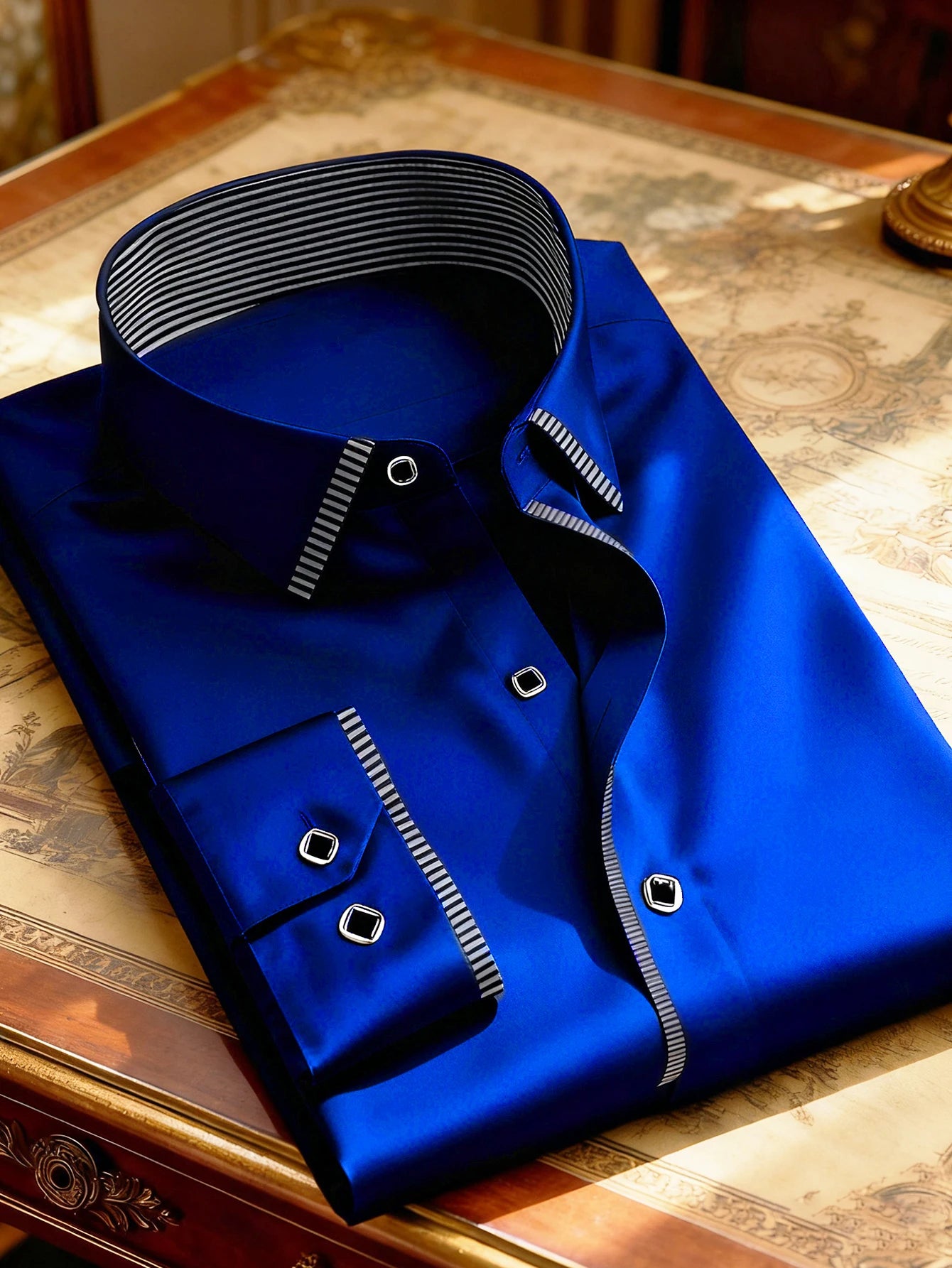 Men's patchwork long sleeve shirt by Showlu Fashion, casual tuxedo style with micro elastic fabric for four-season wear