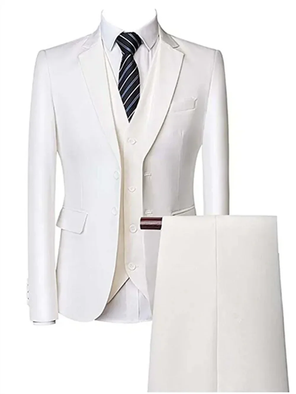 Showlu Fashion men's 3-piece slim fit suit in white cotton wool, including jacket, vest, and trousers, on a hanger.