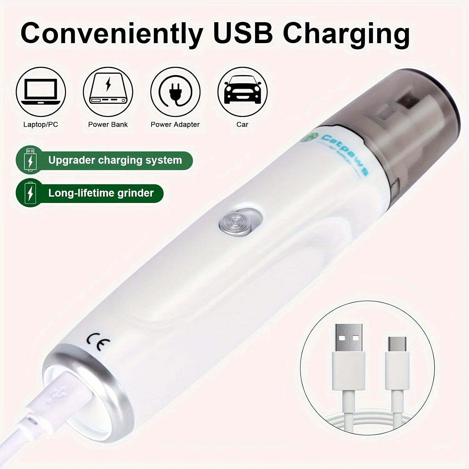 Showlu Fashion Store professional 2-speed dog nail grinder with 3 ports, USB rechargeable electric pet paw trimmer for small to large dogs.