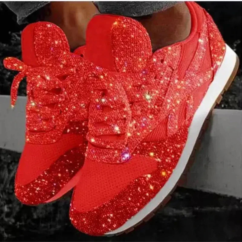 SHOWLU FASHION STORE VDEOSMAP Women's Bling Flat Sneakers, casual mesh slip-on shoes with sparkly embellishments and comfortable design